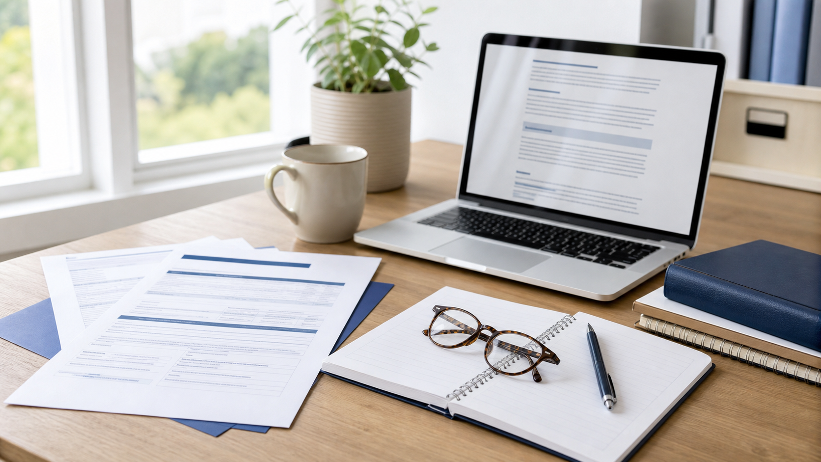 A calm research desk with documents and a laptop for public benefits guidance